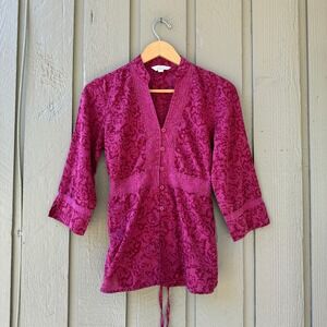 Great Northwest Blouse Womens Medium Pink Floral Lace Trim Button Front Top M